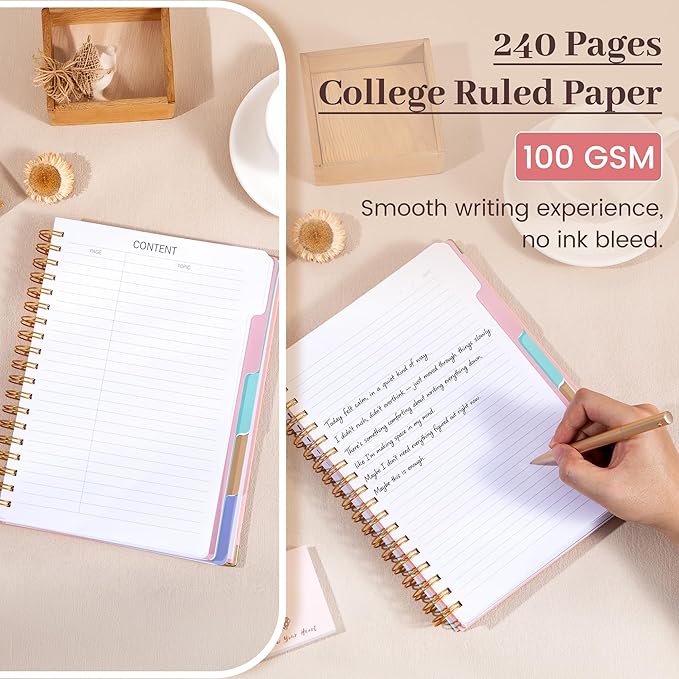 Yoment Hardcover Spiral Notebooks for Work School, B5 Journal Notebook with Tabs Dividers, Multi 5 Subject Notebook College Ruled, 240 Pages Lined Journal for Women, Pink