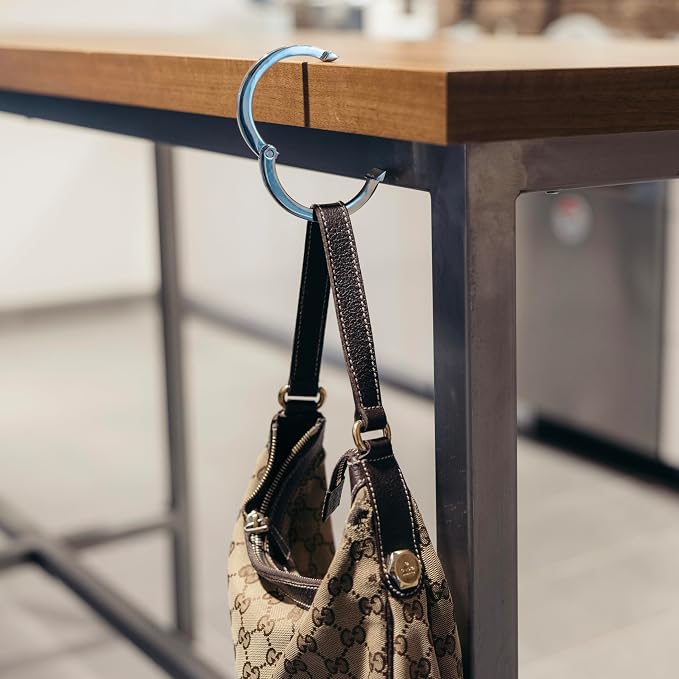 Attaché Purse Hook for Table - Portable Bag Hanger, Strong Durable Handbag Holder - 35lb Capacity Desk Hanger, Premium Bag Clip with Gift Box, Anti-Slip Car Tote Accessory - Aria Silver
