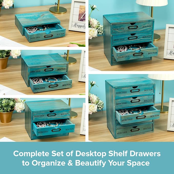 5-piece Full Matching Set Turquoise Wooden Cabinets,European Country Style Desk Organizer Boxes,Multi-level Teal Wooden Stackable Drawers,Countertop Organizer Drawers w/ Label Holder,Desktop Chests