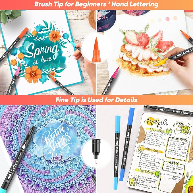 Caliart 72 Colors Double Tip Brush Pen Art Markers for Adult Coloring Books | Artist Fine & Brush Coloring Markers for Journaling Calligraphy Lettering Planners Drawing Teacher Office Art Supplies