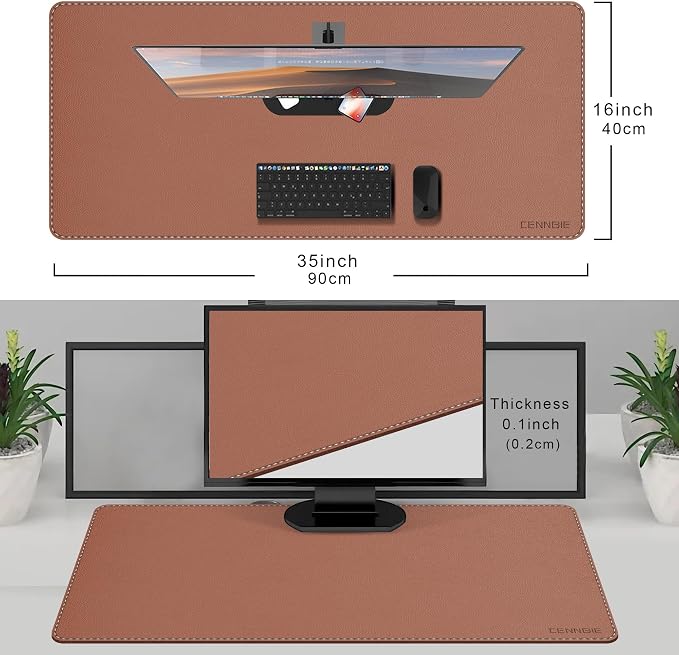 CENNBIE 35.5" x 16" Leather Desk Mat, Computer Mouse Pad for Office(Brown) | Premium stitched edges resist wear. Easy to clean. Protects desk from spills, stains ,scratches. Smooth glide. Office & home.