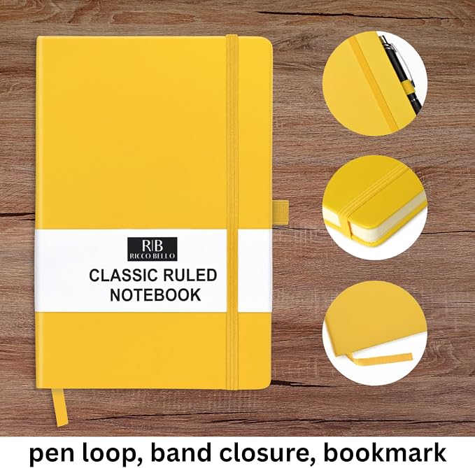 RICCO BELLO Lined Journal Notebook, Faux Leather Hardcover, Yellow | Pen Holder, College Ruled, 96 Sheets / 192 Pages, 5.7 x 8.4 Inches, For Work & Notes