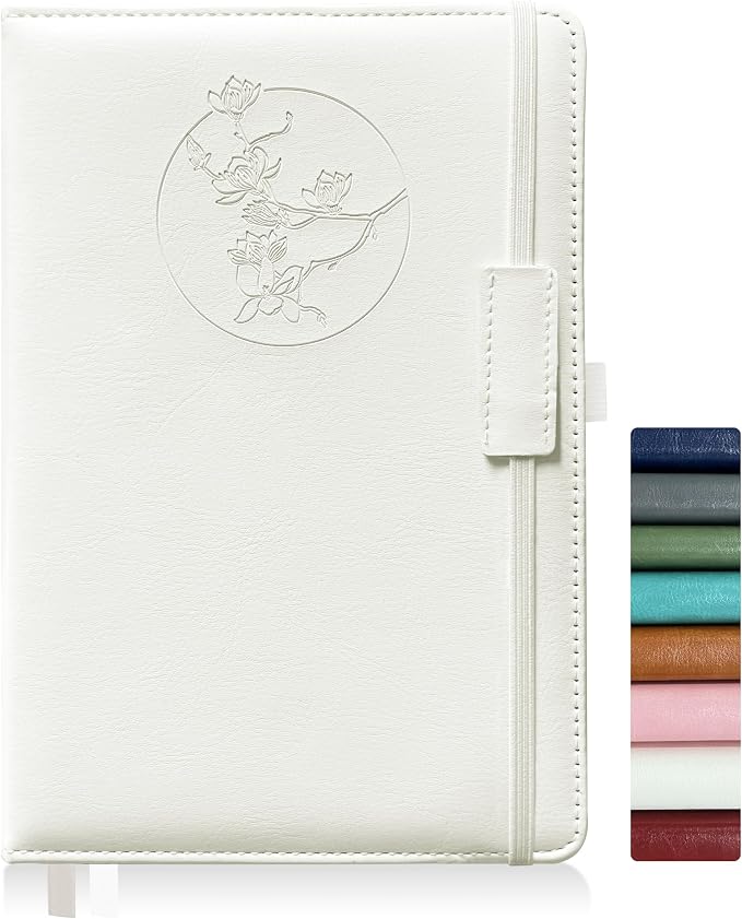 Notebook Journal for Women Men,256 Pages A5 Hardcover Leather Journaling Notebooks for Work,lined journal/notebook with 100Gsm Paper,Pen Holder and inner pocket 5.8"×8.4"(White)