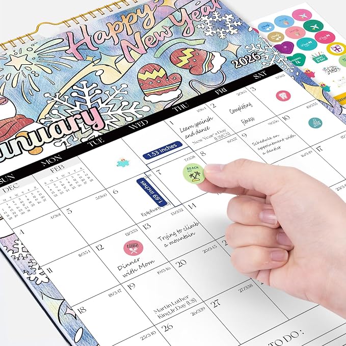 Ospelelf 2026 Wall Calendar 12'' x 17'' Family Coloring Calendar for Adults, Kids, Monthly Calendar Planner with Plastic Cover, 18 Month Calendars, Use Jan 2026 - June 2027, Season