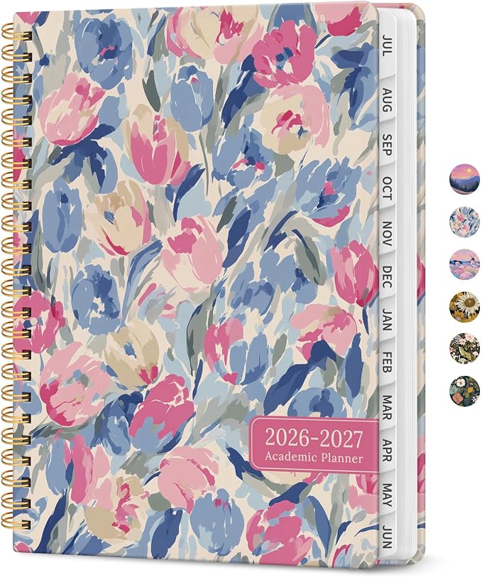 Planner 2026–2027, Academic Monthly Weekly Spiral Calendar, July 2026 – June 2027, Hardcover Agenda Notebook with Tabs, 6.3" x 8.5", Perfect for Students, Teachers, School & Daily Planning - Soft Blossoms