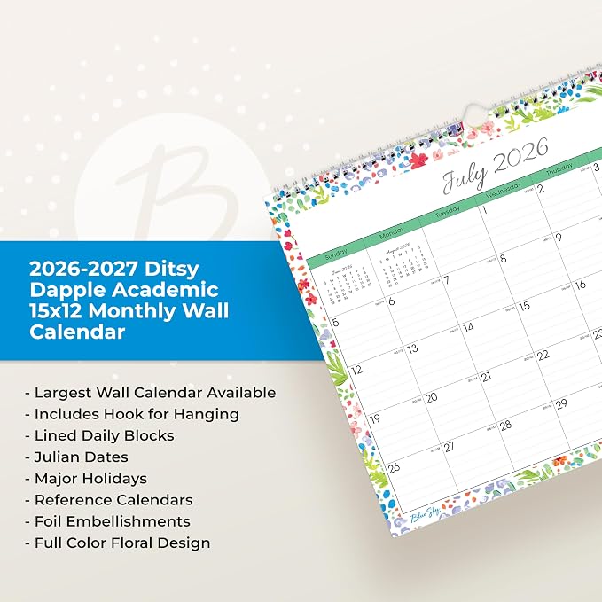 Blue Sky 2026-2027 Monthly Academic Wall Calendar, 15"x12", Ditsy Dapple | July 2026 - June 2027, Durable Twin Wire Binding, For Office And Classroom, Academic Year