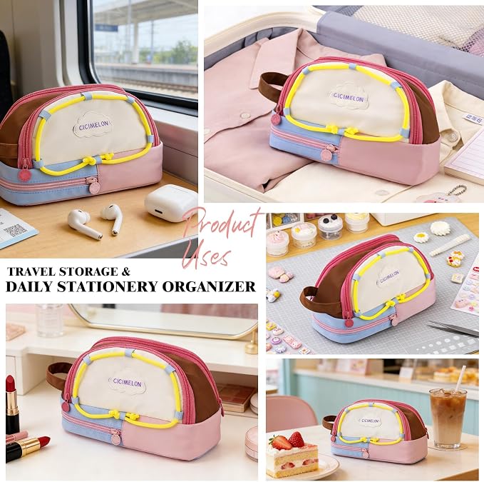 CICIMELON Large Capacity Pencil Case, Cute Aesthetic Pencil Pouch with 3 Compartments, Big Pencil Bag Organizer for School Supplies, Pen Holder for Kids, Girls, Boys, Students