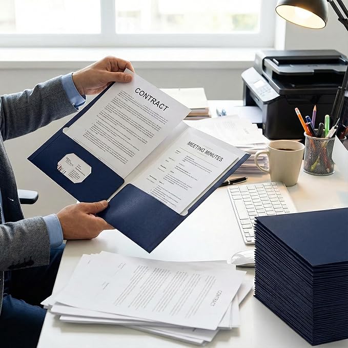 Zzrywuty File folders with Pockets,Navy Blue Two folders for documents,50 Pack Paper Folders with Card Slot,Letter Size,School Students,Business,Home and Office Workers