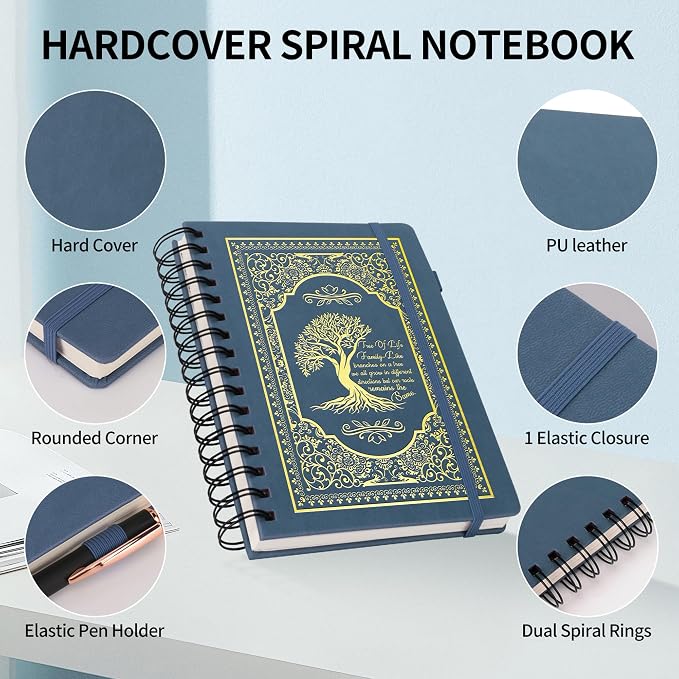 A5 Hardcover Spiral Notebook Tree of Life Journal Daily Journals for Writing Travel Notebooks Journal for Women Men 80GSM Paper Leather Spiral Journal,5.7"x8.3"（Spiral Tree -Dark Blue)