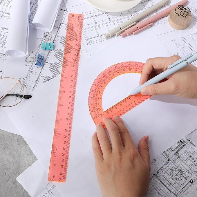 Zonon 2 Pcs 12 Inch Clear Ruler and 6 Inch Plastic Protractor Set, Dual Scale Inch/Cm Math Geometry Measuring Tools for Back to School Students Teachers Classroom Office Drafting Use(Orange)