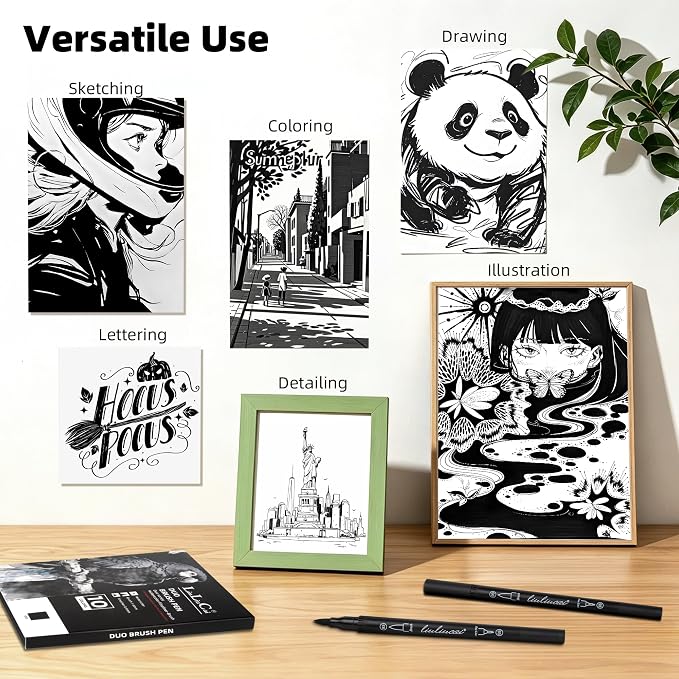 LIULIUCAI 10 Black Dual Tip Markers, Fine & Brush Tip Pens for Coloring | Jet Black Markers for Adult Coloring, Artist Drawing Pen for Journal Sketching Manga Calligraphy Illustration, No Bleeding