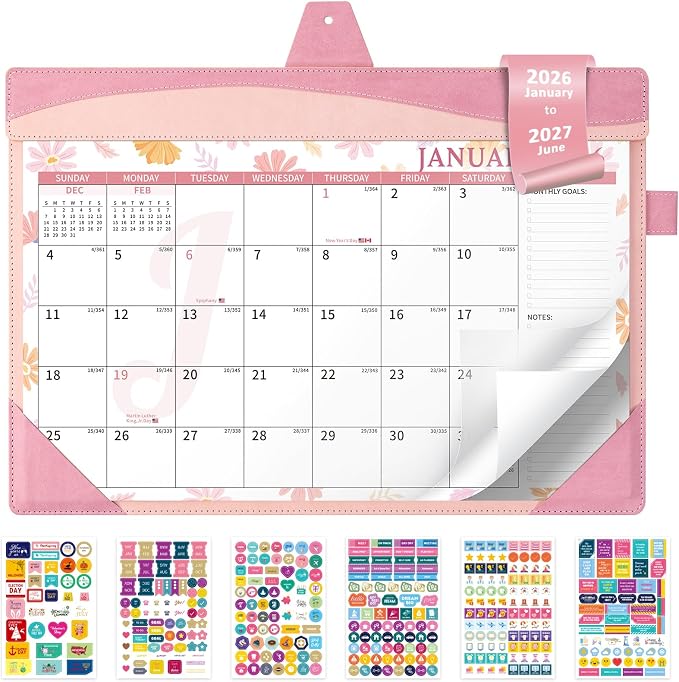 Ospelelf Leather Wall Calendar 2026-2027 with Storage Pocket, 12"x17" Monthly Large Desk Planner Pad with Protective Cover and Sticker for Office School Home, 18 Months January 2026 - June 2027 Pink Floral