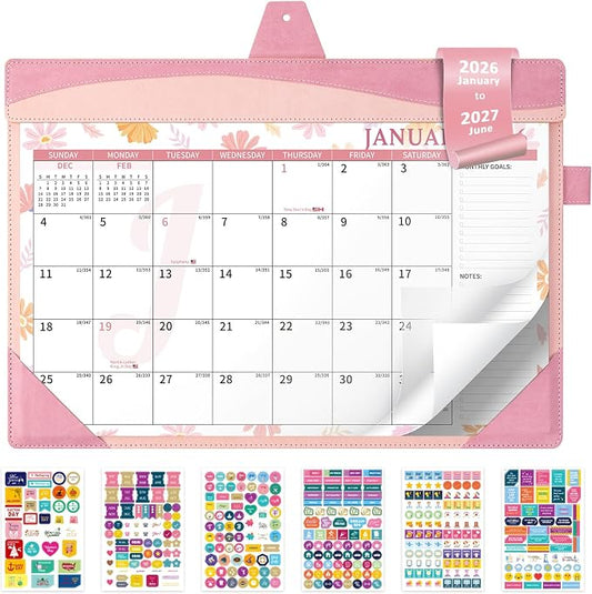 Ospelelf Leather Wall Calendar 2026-2027 with Storage Pocket, 12"x17" Monthly Large Desk Planner Pad with Protective Cover and Sticker for Office School Home, 18 Months January 2026 - June 2027 Pink Floral