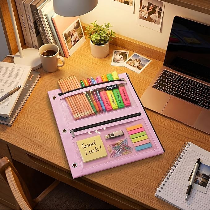 SKYDUE Pencil Pouch for 3 Ring Binder, 3 Compartment Zipper Pencil Case, Large Capacity Pen Organizer with Clear PVC Window for School Supplies, Students, Kids & Teachers