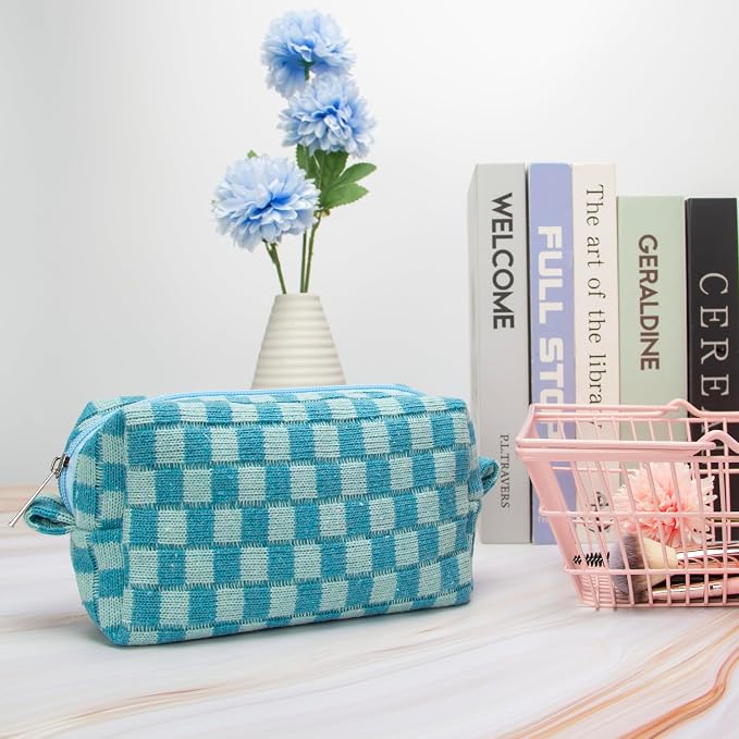 Checkered Makeup Bag for Purse, Small Cosmetic Pouch,Lake Blue,6 Pack | Cute Zipper Makeup Organizer for Women, Travel Essentials, Toiletries, Makeup Brushes, Beauty Accessories&Bridesmaid Gifts