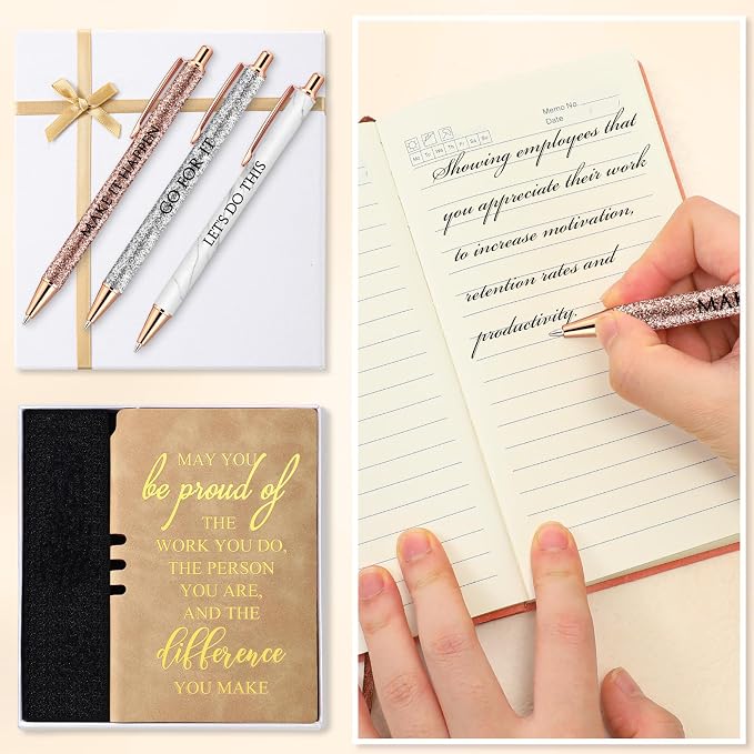 Resurhang 5 Pcs Employee Appreciation Gift Leather Journal Notebook 3 Ballpoint Pens with Box Back to School Thank You Gift for Nurse Volunteer Teacher Secretary Coworker Women(Khaki)