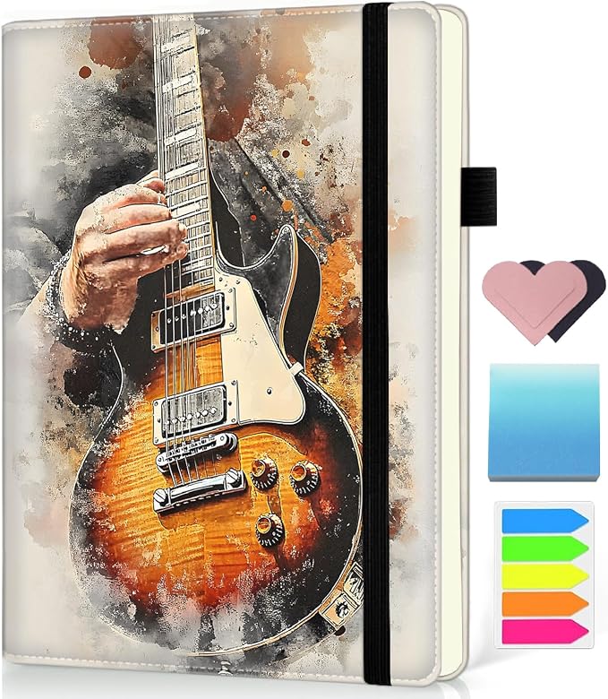 Hardcover Executive Notebooks, A5 PU Leather Lined Journal Notebook, 200 Pages Thick Paper Subject Notebooks for School,Work,Home Writing Business Notebook, Diary Book ，Playing Guitar