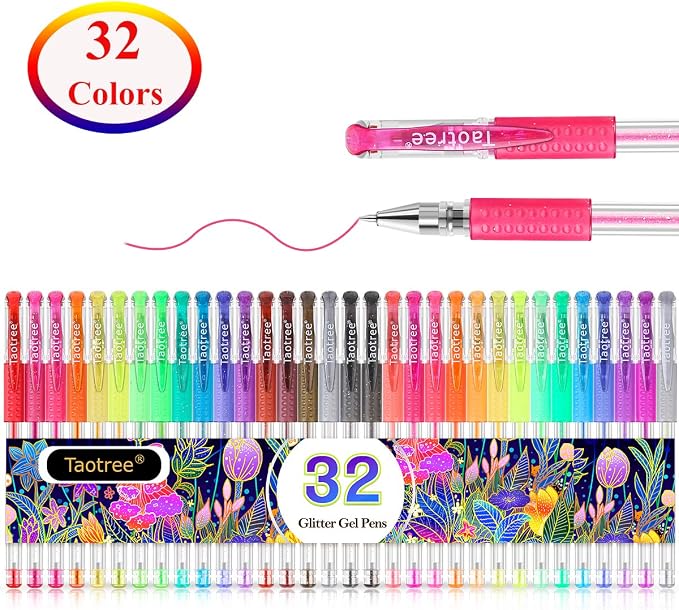 Taotree Glitter Gel Pens, 32 Colors Neon Glitter Pens, Colored Gel Markers | 40% More Ink Fine Point Art Markers Set for Adult Coloring Books, Drawing Art Supplies, School Journaling, Scrapbook Supplies