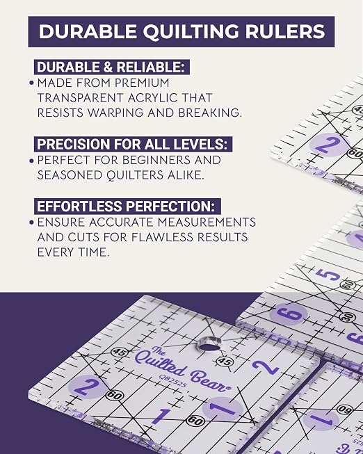 The Quilted Bear Small Quilting Ruler Bundle, 2.5", 3.5", 4.5", 5.5" & 6.5" | 5 Square-Ruler Assortment, Transparent Acrylic, Non Slip, Clear Black Lines, 30, 45 & 60 Degree Angles, for Patchwork, Sewing