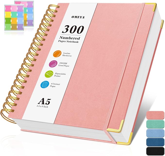 Spiral Notebook, 300 Numbered Pages Notebooks College Ruled with Contens | 100GSM Thick Journal for Women Men, Hardcover Leather Lined Journal for Writing, Large A5 Notebooks for Work School, 6" x 8"