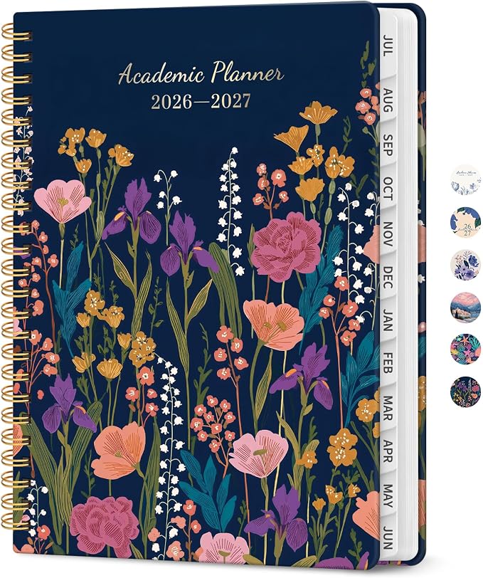 Planner 2026-2027, Academic Year Monthly and Weekly Calendar Planner, Jul 2026 - Jun 2027, Hardcover Teacher Student Planning Agenda book with Tabs, Perfect for School Office Supplies, 8.5" x 11" - Ink Blossoms