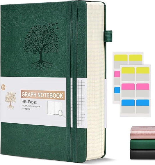 Ansopu Graph Paper Notebook Journal, 360 Numbered Pages Grid Notebooks, Thick 100gsm Graphing Paper Journals for Writing Women Men, A5 Large Hardcover Leather Graph Notebook 5.75'' × 8.38'' Green