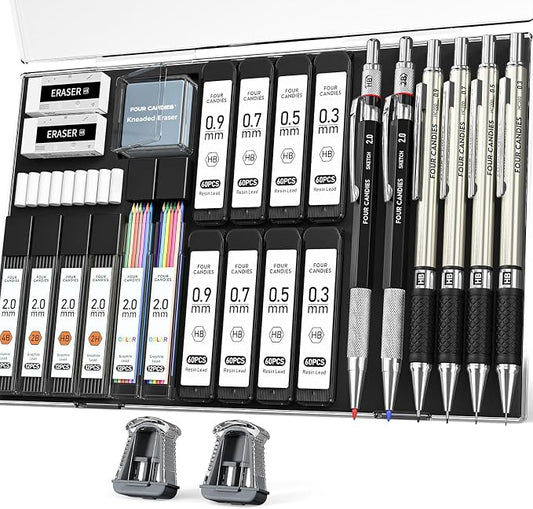 Four Candies 27PCS Metal Mechanical Pencil Set, Art Supplies with Case | 0.3, 0.5, 0.7, 0.9 mm & 2PCS 2mm (HB 2H 2B 4B Color) with 552 Lead Refills, Technical Drafting Drawing Kit for Teen & Adults