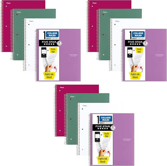 Five Star Spiral Notebook + Study App,100 Sheets,1 Subject,College Ruled Paper,Fights Ink Bleed,Water Resistant Cover,820337-ECM,Purple,Pink,White & Green,8-1/2" x 11",4 Count (Pack of 3)