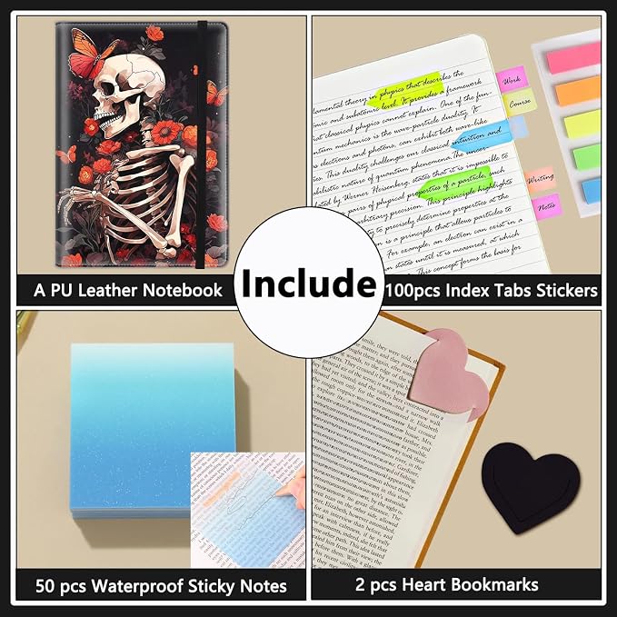A5 Leather Lined Journal Notebook, 200 Pages Hardcover Executive Notebook for Men Women Office School Note Taking, Thick Writing Paper Daily Journal with Bookmarks/Indexes, Skeleton and Red Flower