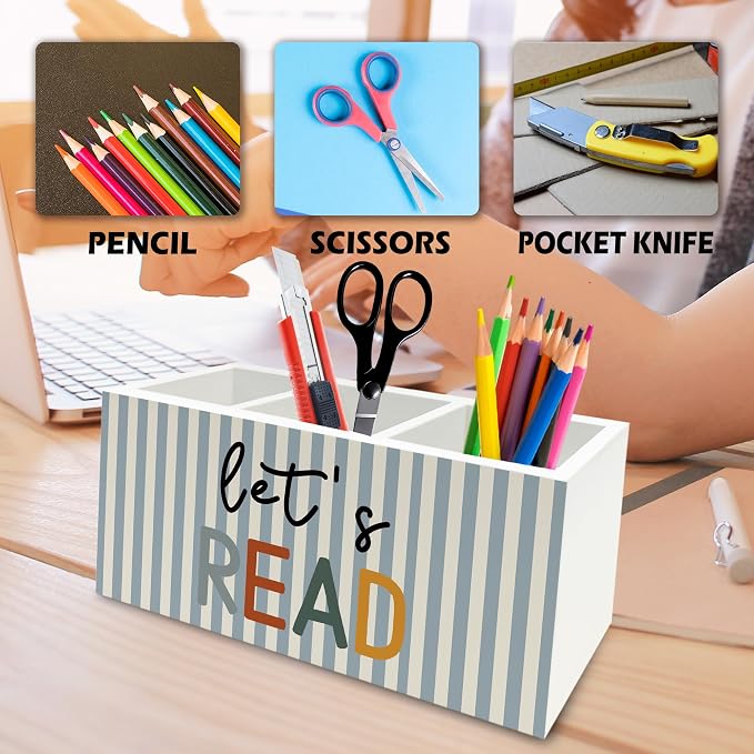 Reading Room Decor Pen Pencil Holder Organizer for Desk, Let's Read Boho Classroom Wooden Box Signs Decorations for Reading Corner Nook Room Library Desk Tabletop, Book Lover Reader Gifts