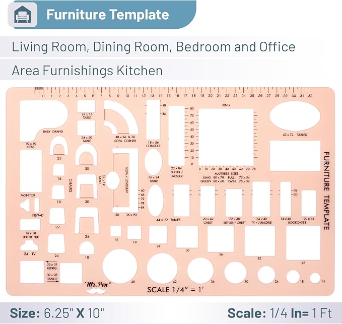 Mr. Pen- House Plan, 3 pcs, Interior Design and Furniture Templates | Clear Flexible Plastic, Drafting Tools, Ruler Shapes for Architecture, 1/4 Inch Scale, Kitchen, Bath, Bedroom, Office