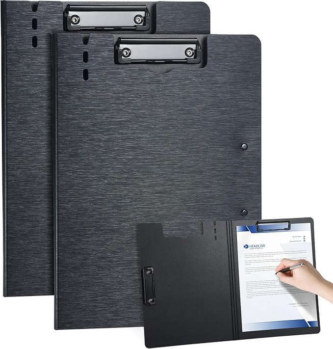 Clipboard Folder, with Dual Metal Clips, Embossed-Texture, Folding 360° Rotating, Nursing Clipboard for Letter and A4, Pen Holder (Black, 2)
