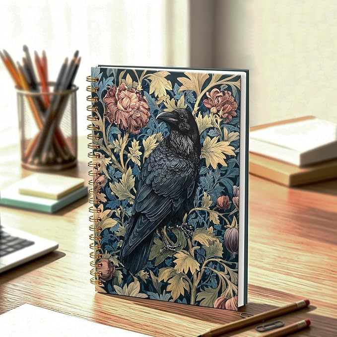 Moody Vintage Black Crow Journal Notebook 5.5x8.3, William Morris Inspired Gothic Raven Journal, Crow Gifts for Women, Dark Academia Floral Notebooks for Work