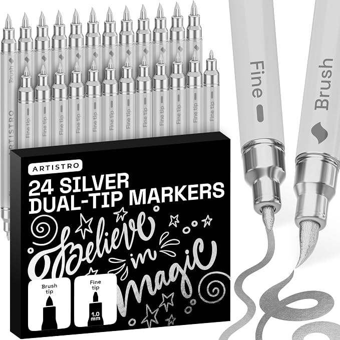 ARTISTRO 24 Silver Acrylic Paint Markers - Paint Pens for Drawing - For Fabric, Rock, Glass, Wood, Molds - Arts & Crafts Gift for Adults, Teens, Kids, Classroom Must Haves & School Supplies