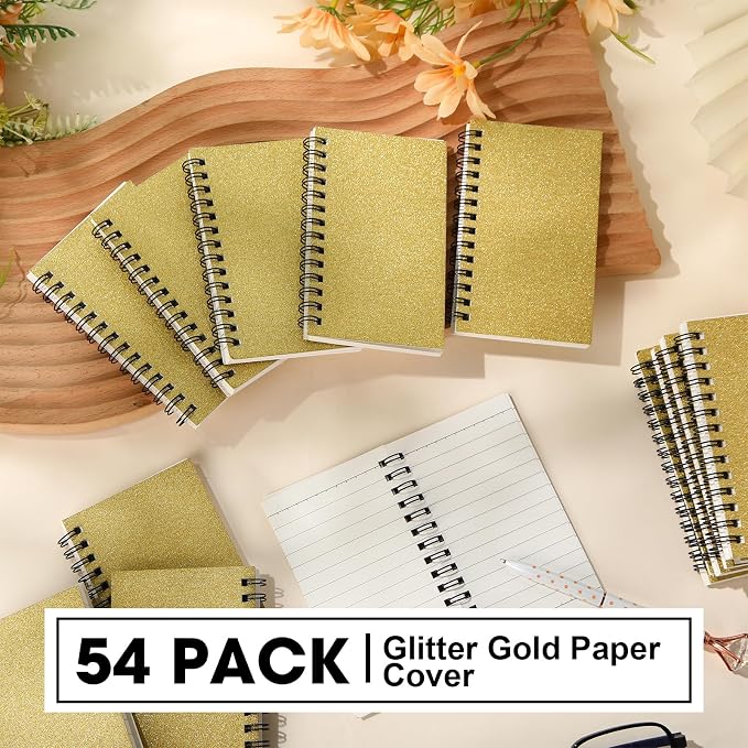 Jutom 54 Pcs Small Spiral Notebooks Memo Pads 3x5 Bulk Small Pocket Notepads Back to School Supplies Mini Notebook with Lined Mini Journals for Office & Work, 120 Pages (Glitter Gold)