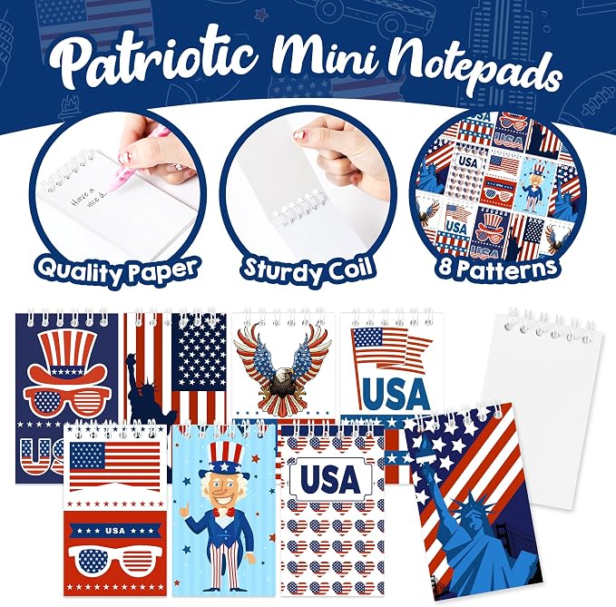 24Pcs Patriotic Mini Notepads, Red White Blue 4th of July Spiral Notebooks Bulk, USA American Pocket Memo Pads for Labor Day Veterans Day 250th anniversary Party Favors Gifts Office School Supplies
