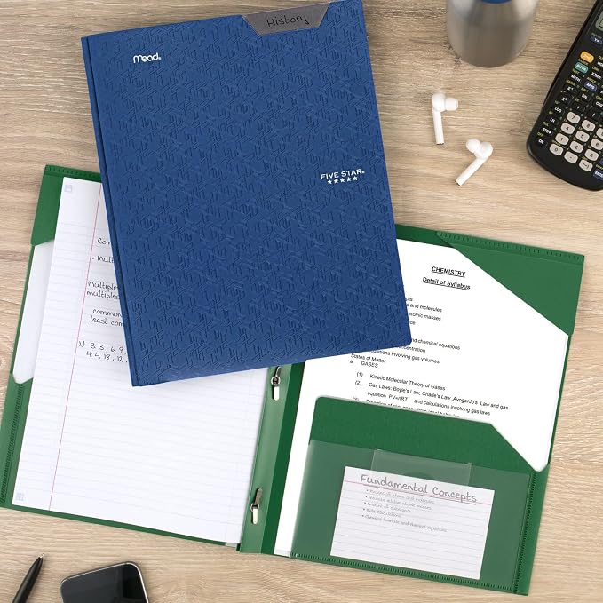Five Star 2 Pocket Folder, Stay-Put Folder, Plastic Colored Folders with Pockets & Prong Fasteners, for Home, School Supplies & Home Office, 11” x 8-1/2”, Blue (72115) (Pack of 2)
