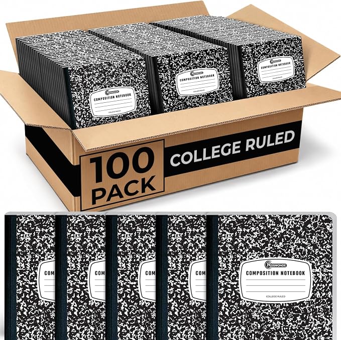 Rosmonde 100 Pack Black Marble Composition Notebooks, College Ruled, 200 Pages (100 Sheets), 9-3/4 x 7-1/2, Hard Cover Composition Book, Bulk School Supplies, Bulk Notebooks for School & College