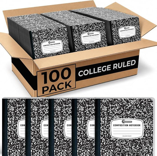 Rosmonde 100 Pack Black Marble Composition Notebooks, College Ruled, 200 Pages (100 Sheets), 9-3/4 x 7-1/2, Hard Cover Composition Book, Bulk School Supplies, Bulk Notebooks for School & College