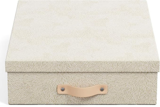 Bigso Oskar Fiberboard Document Storage Box with Lid for A4 and Letter Size Papers - Stylish, Sturdy, and Stackable Keepsake Box with Leather Handle - W10.2in x D13.8in x H3.3in - Waves Gold