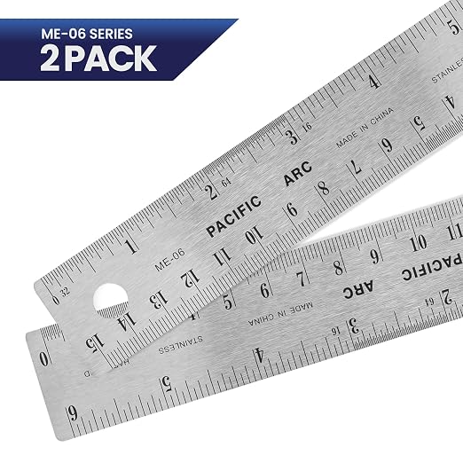 2 Pack | Stainless Steel 6 Inch Metal Ruler Non-Slip Rubber Back, with Inch and Metric Graduations