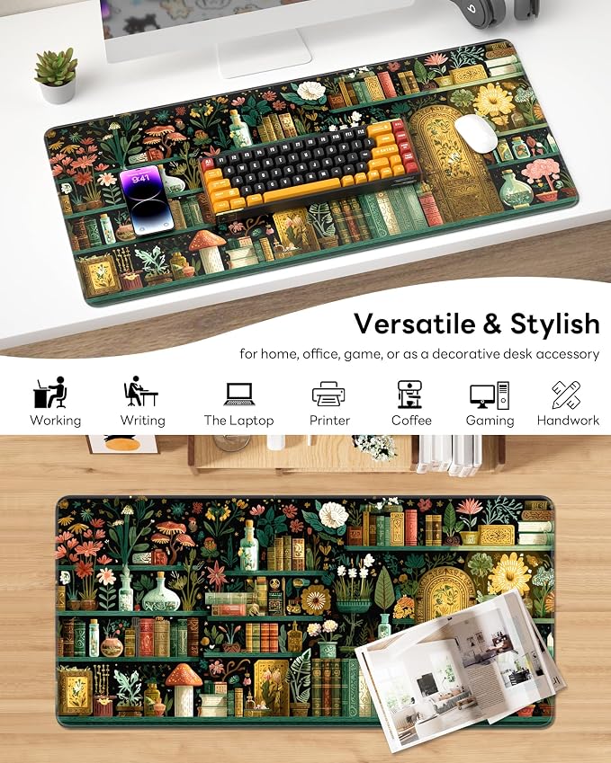 XL Gaming Mouse Pad, 31.5x15.7'' Large Desk Mat with Anti-Slip Rubber Base & Stitched Edges for Gaming, Office, Home, Boho Bookshelf