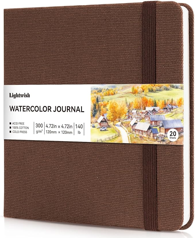Watercolor Journal - 100% Cotton Cold Press Paper | 20 Sheets 40 Pages | 300GSM (140lb) | Linen Cotton Cover Watercolor Sketch Books for Artists Painting,Mixed Media 4.72 x 4.72 in