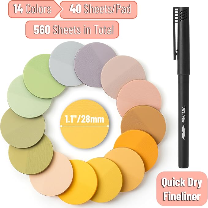 Mr. Pen- Round Transparent Sticky Notes, 1.1” Diameter, 14 Pads, 560 Sheets | Colorful, Water-Resistant See-Through Sticky Notes & Fineliner, Smooth Writing, Note Tabs for Bible Journaling, Studying