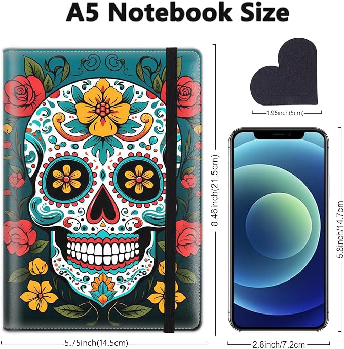 A5 Leather Lined Journal Notebook, 200 Pages Hardcover Executive Notebook for Men Women Office School Note Taking, Thick Writing Paper Daily Journal with Bookmarks/Indexes, Cute Sugar Skull