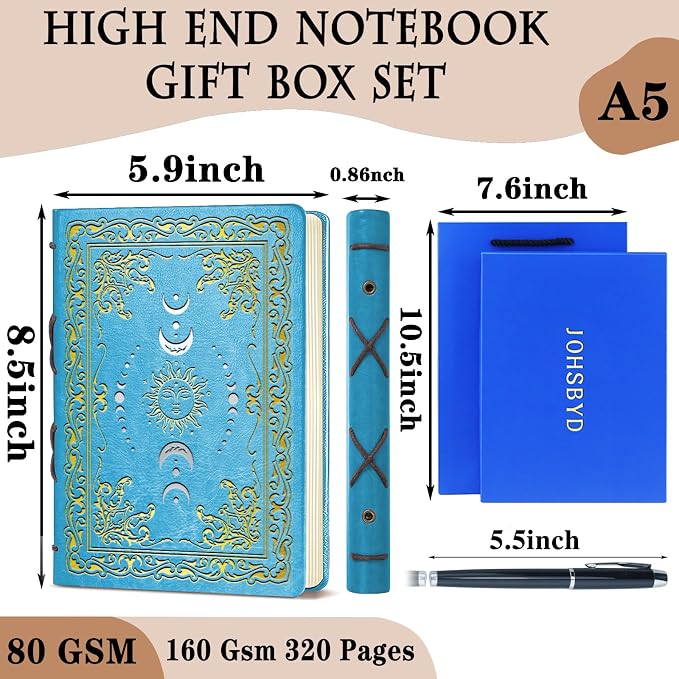 JOHSBYD Sun & Moon Faux Leather Notebook,Hardcover Executive Notebooks for Women Men,320Pages Journal Notebook with Pen,Vintage Sun & Moon Design,1 Pack Light Blue A5 (Sun Moon Light Blue)