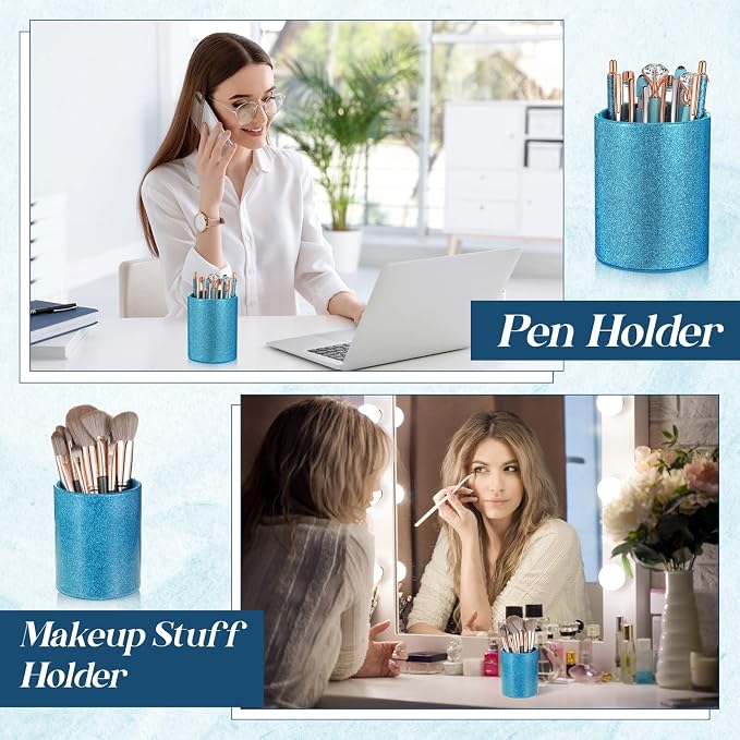Sabary 8 Pcs Blue Pens with Pen Holder for Desk Glitter Crystal Diamond Cute Ballpoint Fancy Pencil Holder Bling Desk Organizer for Women Girls School Office Supplies Wedding Graduation Gifts