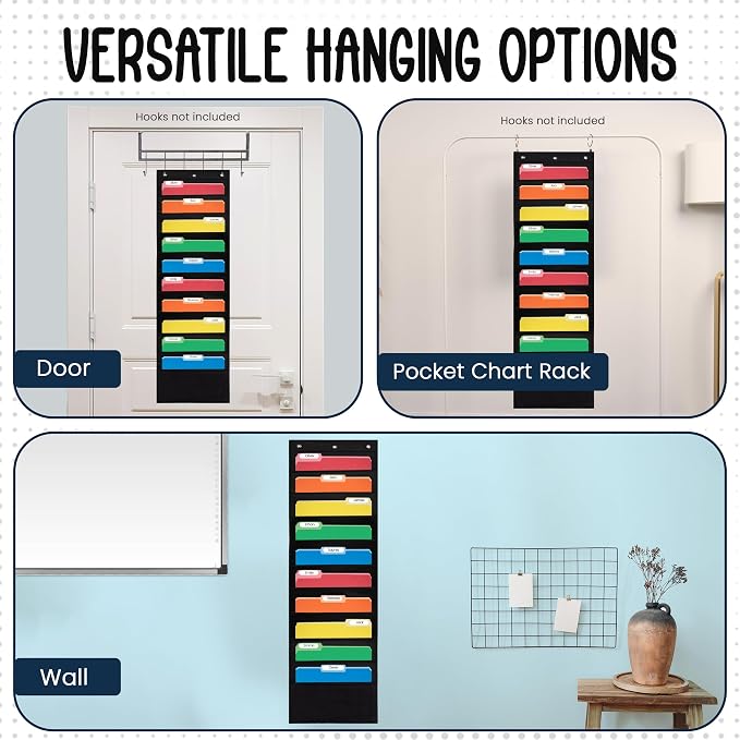 Essex Wares - 10 Pocket File Pocket Chart, Black, 14" Wide x 47" Tall - Versatile Wall Hanging File Folder Organizer for Classroom, Office, Home, and More - Wall Folder Organizer - 10 Pockets