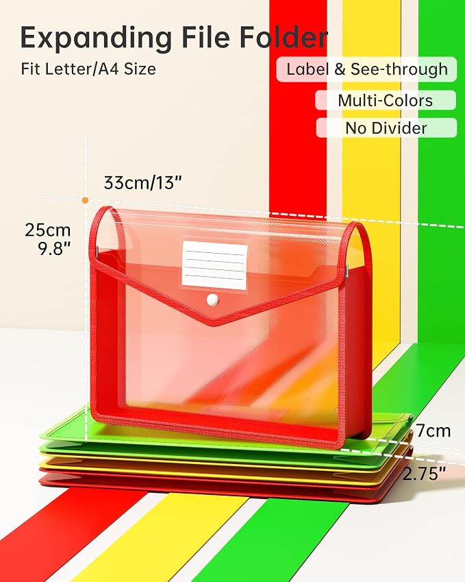Plastic Expanding File Folder, Transparent Envelopes with Snap Closure | Large Capacity, No Dividers, Fit Letter/A4 Size for School/ Office / Home / Hospital, 3 Colors