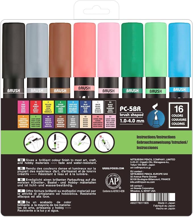 POSCA® PC-5BR Brush Tip Paint Markers, 16 Count Reversible Brush Set | Tip size 1.0–4.0 mm, Water-Based Opaque Paint Pens for Lettering, Calligraphy, Coloring, Crafts & Art Projects